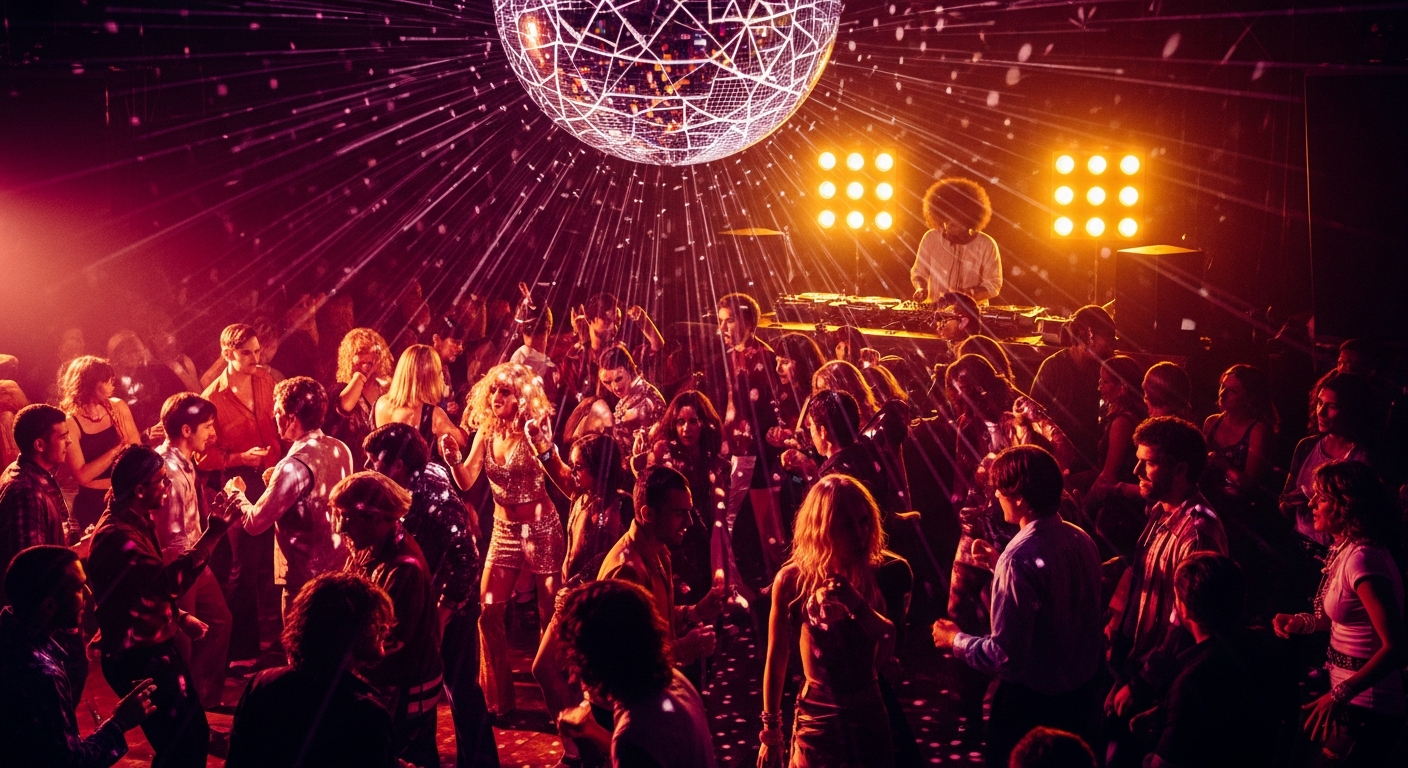 AI_IMAGE: Packed disco dancefloor under a spinning mirror ball casting fractured light across dancers, deep magenta and gold tones, vinyl DJ booth in background with warm amber spotlights, motion blur on dancing figures, 1970s disco aesthetic meets modern nightclub | photorealistic | landscape