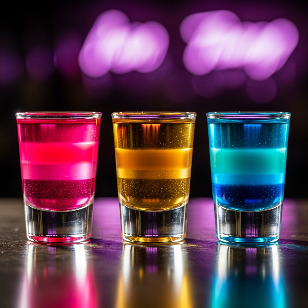 AI_IMAGE: Three small shot glasses in a row on a dark reflective bar surface, one layered hot pink, one shimmering gold, one electric cyan-blue, each with visible layered gradients and a subtle sparkle from edible shimmer, dramatic low-angle lighting with soft bokeh of magenta and violet neon in the background | photorealistic | square