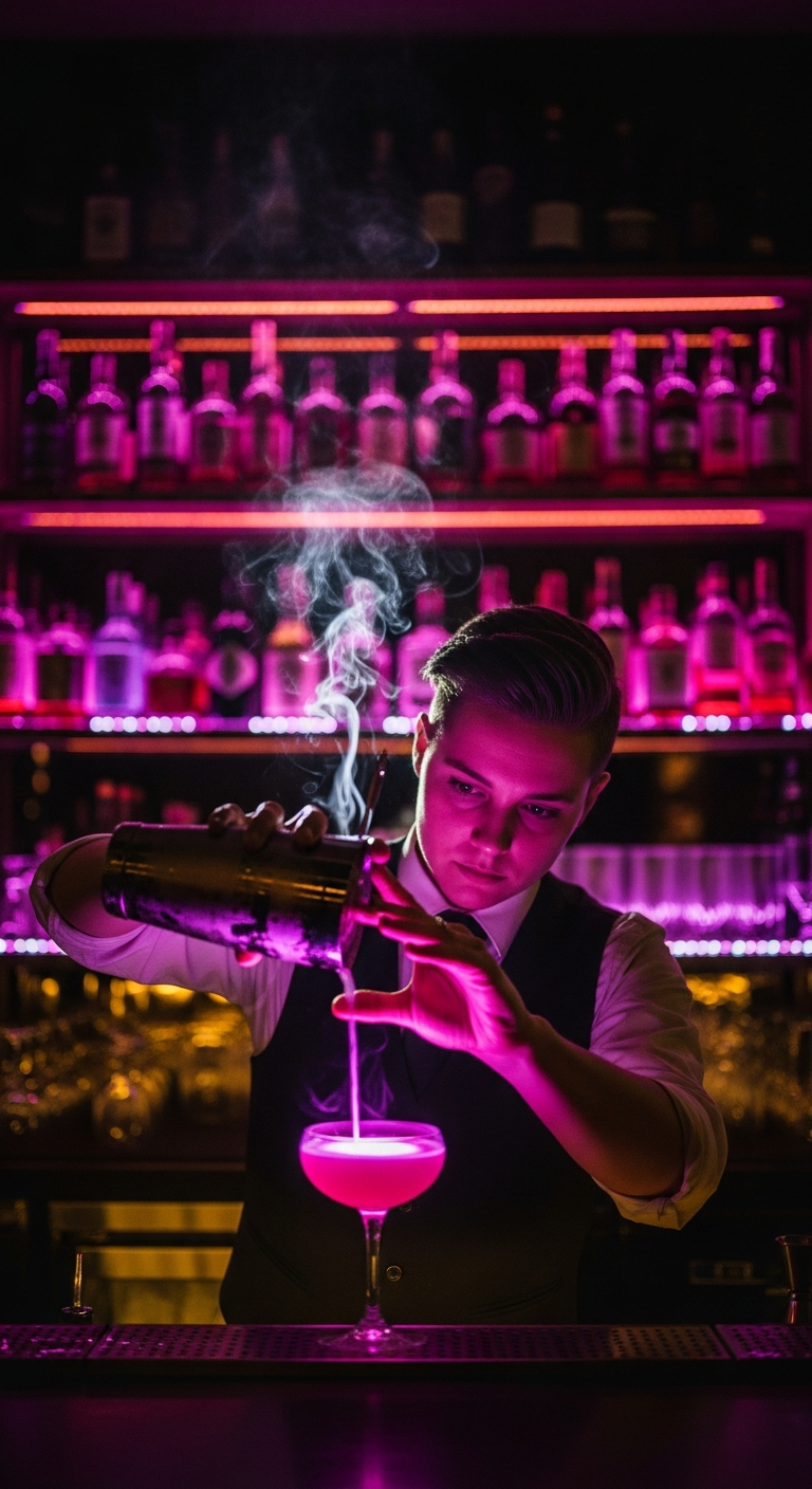 AI_IMAGE: Moody photograph of a neon-lit cocktail bar at night, bartender pouring a glowing magenta drink, shelves of backlit bottles in deep violet and gold tones, atmospheric smoke, cinematic lighting with bokeh | photorealistic | portrait