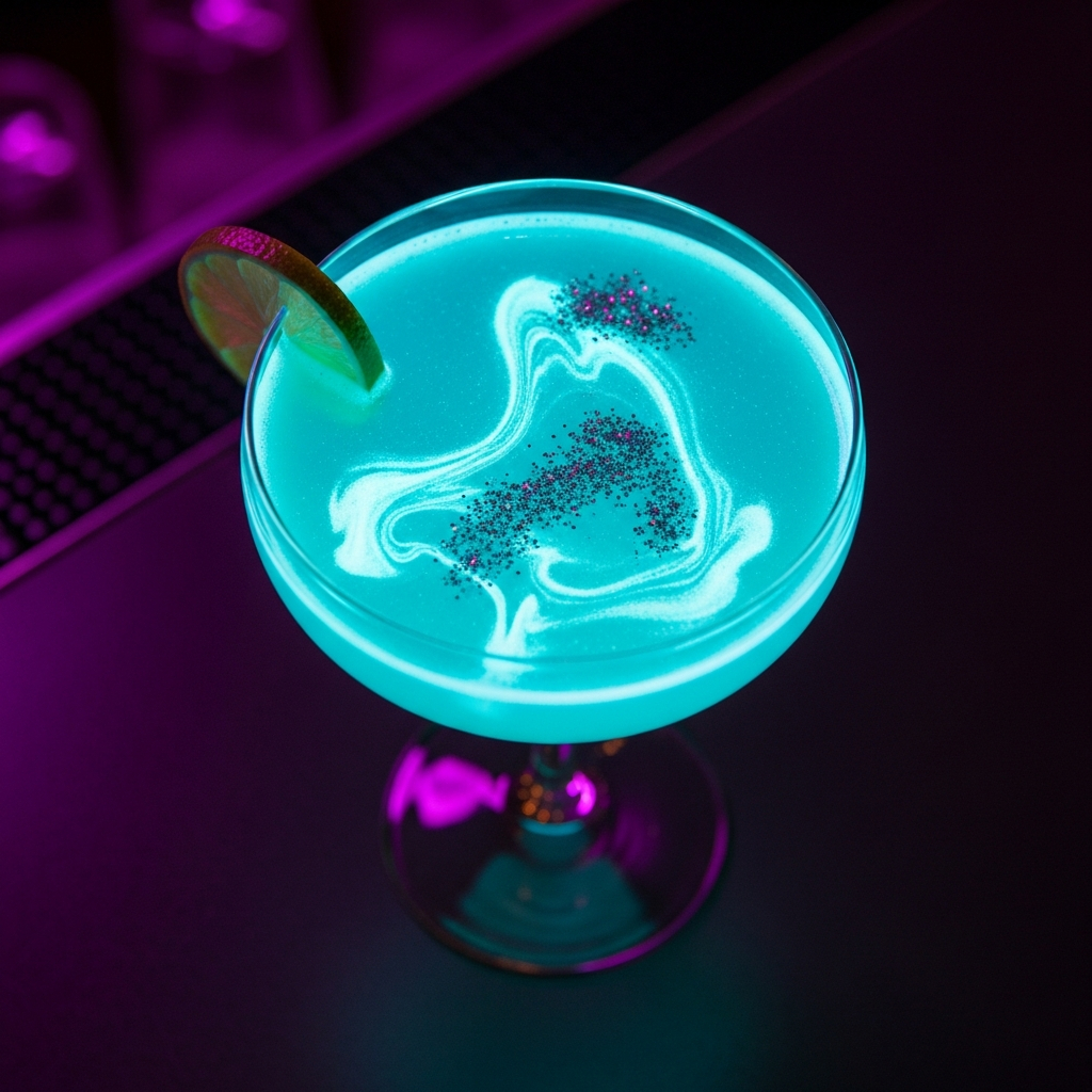 AI_IMAGE: Overhead shot of a luminous neon-blue cocktail in a coupe glass on a dark matte bar surface, edible silver glitter swirling through the liquid, a thin lime wheel garnish on the rim, dramatic side lighting casting cyan reflections, moody dark background with soft bokeh of purple and magenta bar lights | photorealistic | square