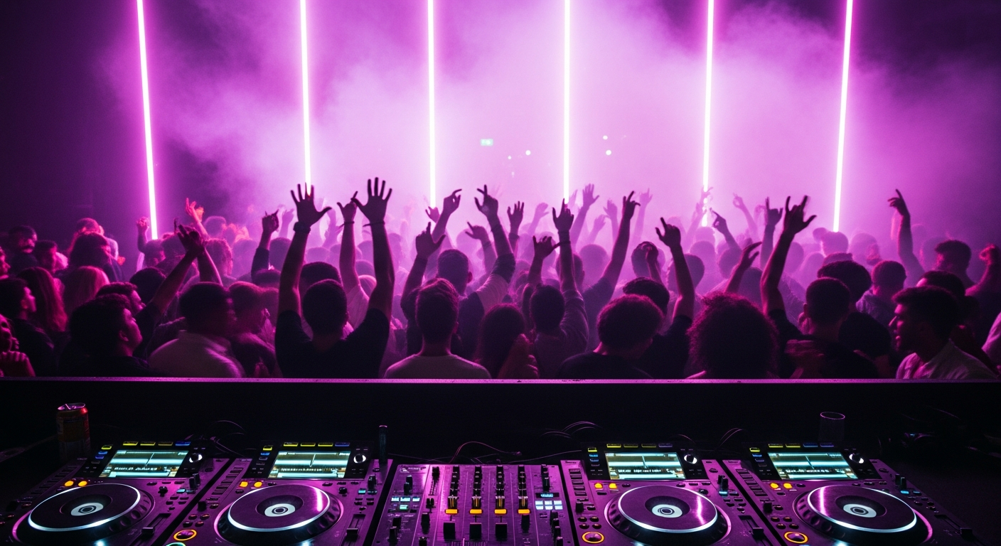 AI_IMAGE: A packed nightclub dancefloor shot from behind the DJ booth, neon magenta and violet lights cutting through haze, hands raised, turntables in the foreground, electric atmosphere, motion blur on dancers | photorealistic | landscape