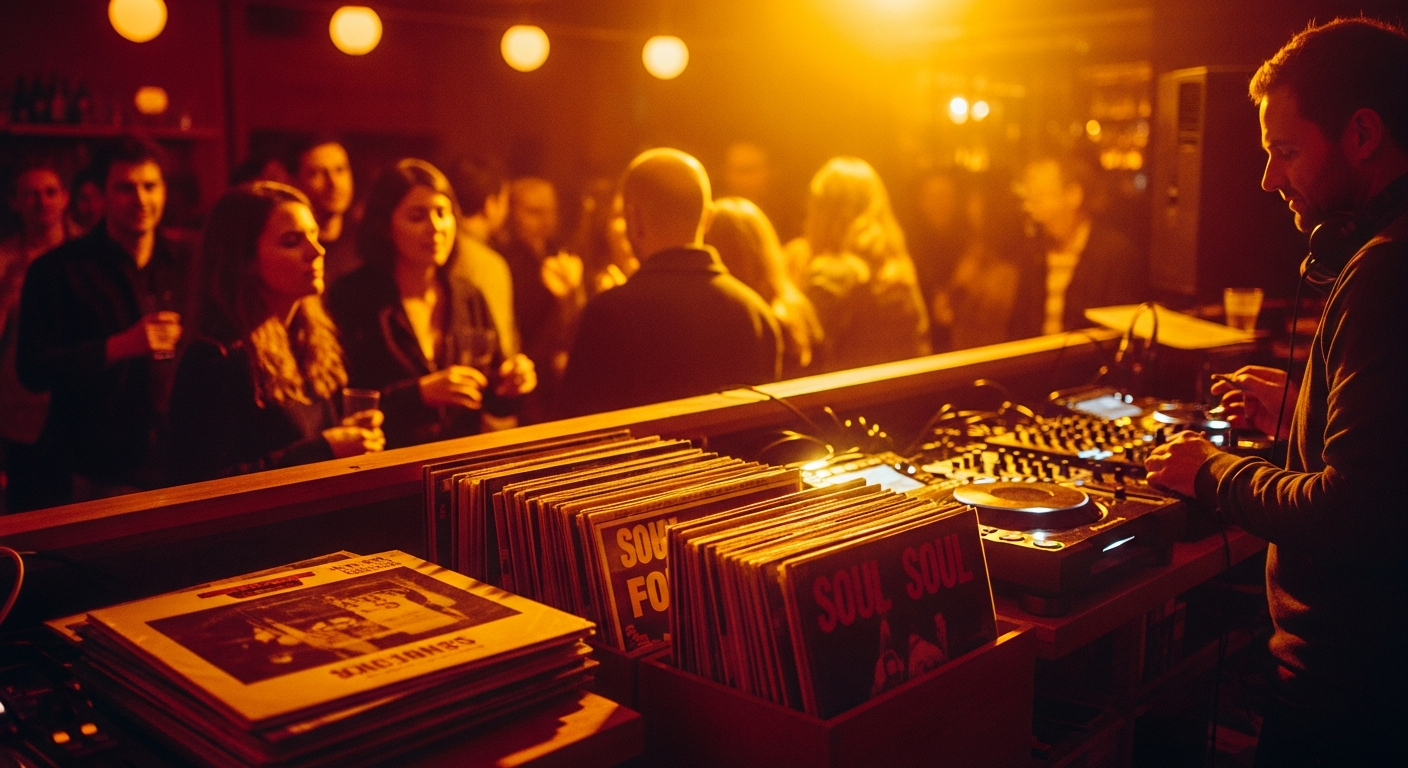 AI_IMAGE: Warm intimate bar scene with golden overhead lighting, vinyl records scattered on a wooden DJ booth, crowd of people grooving casually, retro soul and funk atmosphere, amber and warm magenta tones, relaxed Sunday evening vibe | photorealistic | landscape
