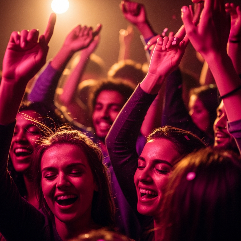 AI_IMAGE: Close-up of a crowd dancing under pink and magenta neon lights in a dark club, hands raised, joy on faces, shallow depth of field, energetic and warm | photorealistic | square