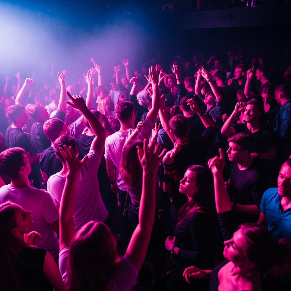AI_IMAGE: Packed nightclub dancefloor shot from above at an angle, neon magenta and violet lights washing over the crowd, arms raised, motion blur on dancers, deep shadows and saturated color, energetic atmosphere | photorealistic | square