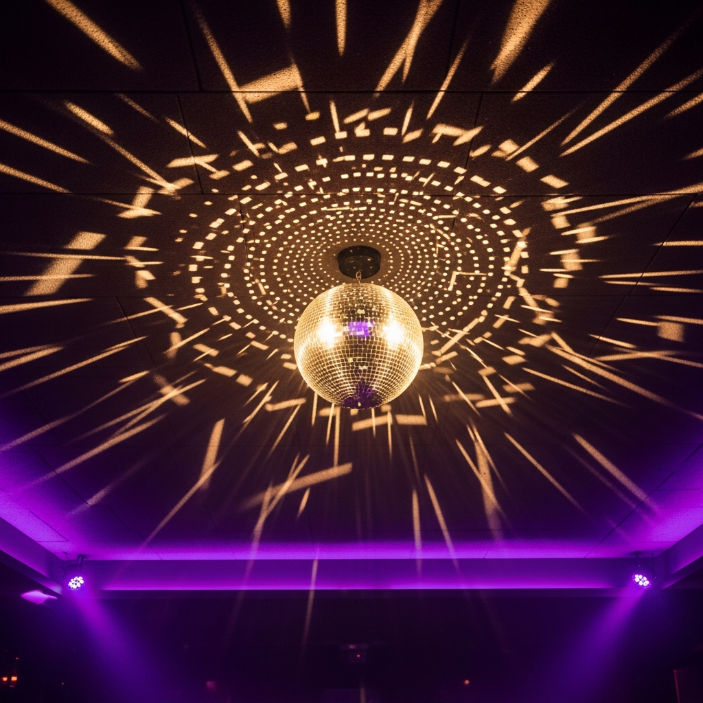 AI_IMAGE: Overhead disco ball casting fractured light patterns across a dark nightclub ceiling and walls, golden and white light refractions, deep violet ambient glow, abstract and atmospheric | photorealistic | square