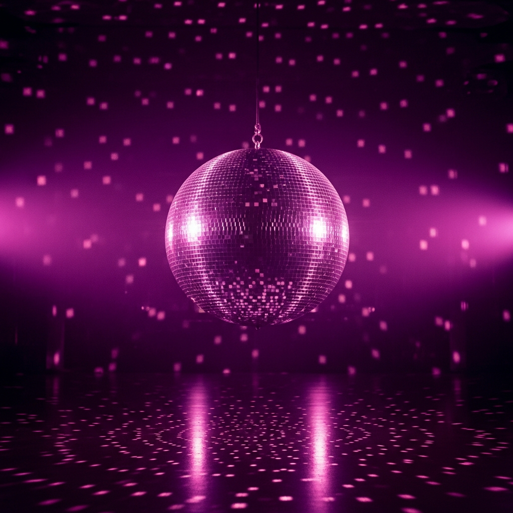 AI_IMAGE: A large disco mirror ball reflecting hundreds of tiny light spots across a dark dance floor, deep violet and magenta color wash, dreamy and nostalgic atmosphere | photorealistic | square