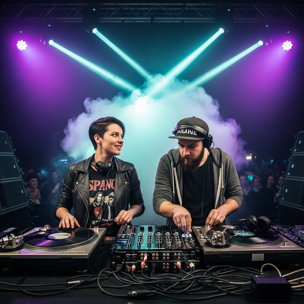 AI_IMAGE: Two DJs performing back-to-back at twin turntables, violet and cyan stage lighting, collaborative energy, dark nightclub with visible speaker stacks | photorealistic | square