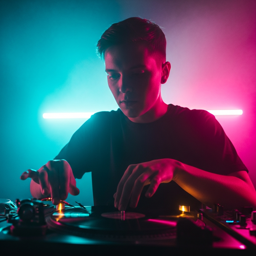 AI_IMAGE: Close-up of a DJ behind turntables in a dark club, hands on vinyl record, neon cyan and magenta backlighting, smoke haze, focused expression, moody dramatic lighting | photorealistic | square
