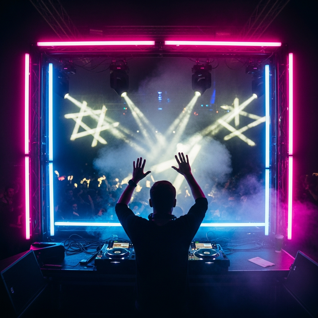AI_IMAGE: Neon-lit DJ booth framed by glowing magenta tube lights, DJ silhouette centered, dark smoky atmosphere, electronic music venue aesthetic | photorealistic | square