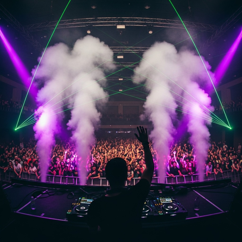 AI_IMAGE: Shot from behind a DJ looking out at an ecstatic crowd, arms raised, violet and magenta wash lights, smoke machine haze, wide-angle perspective showing the full room | photorealistic | square