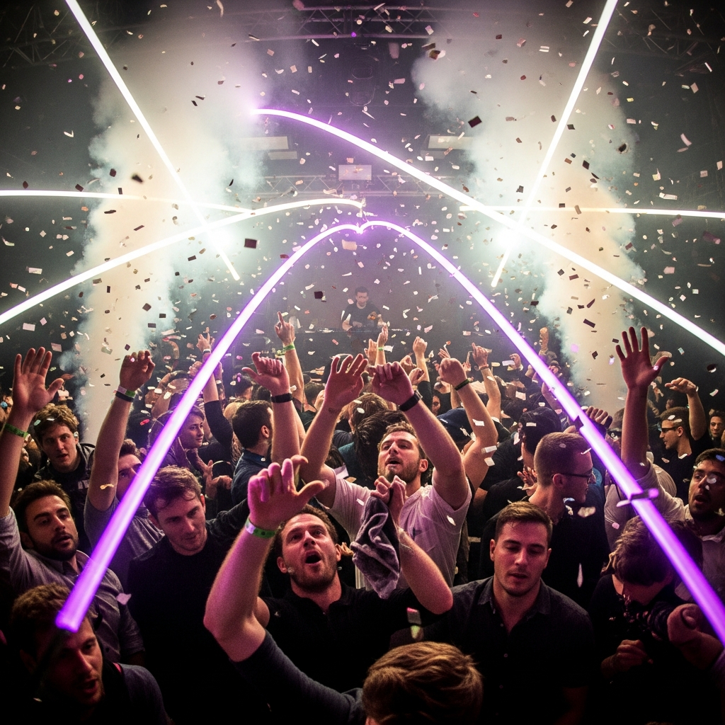AI_IMAGE: Split-second capture of a bass drop moment, entire dancefloor jumping, strobe lights frozen mid-flash, white and magenta light explosion, chaotic and euphoric energy | photorealistic | square
