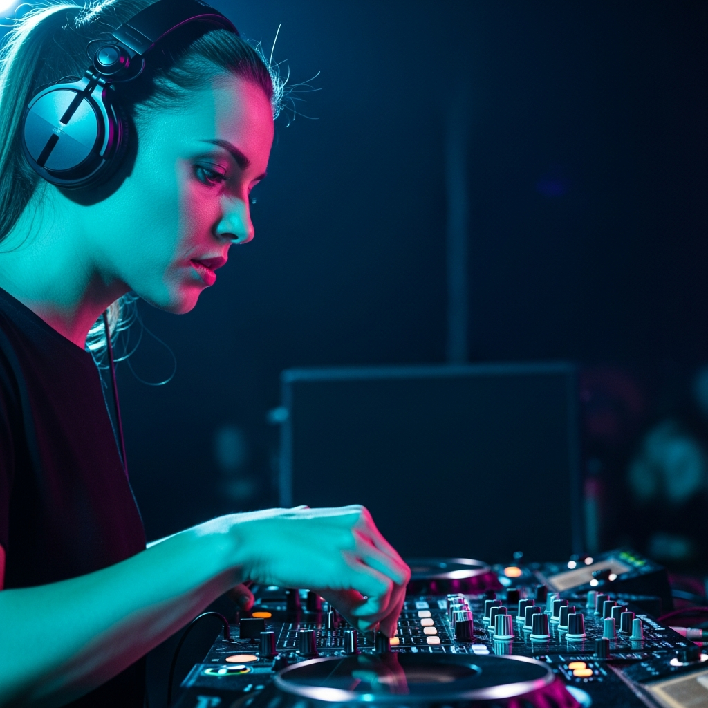 AI_IMAGE: Side profile of a female DJ wearing large headphones, one hand on mixer, cyan and violet stage lighting casting dramatic shadows on her face, professional nightclub setting | photorealistic | square