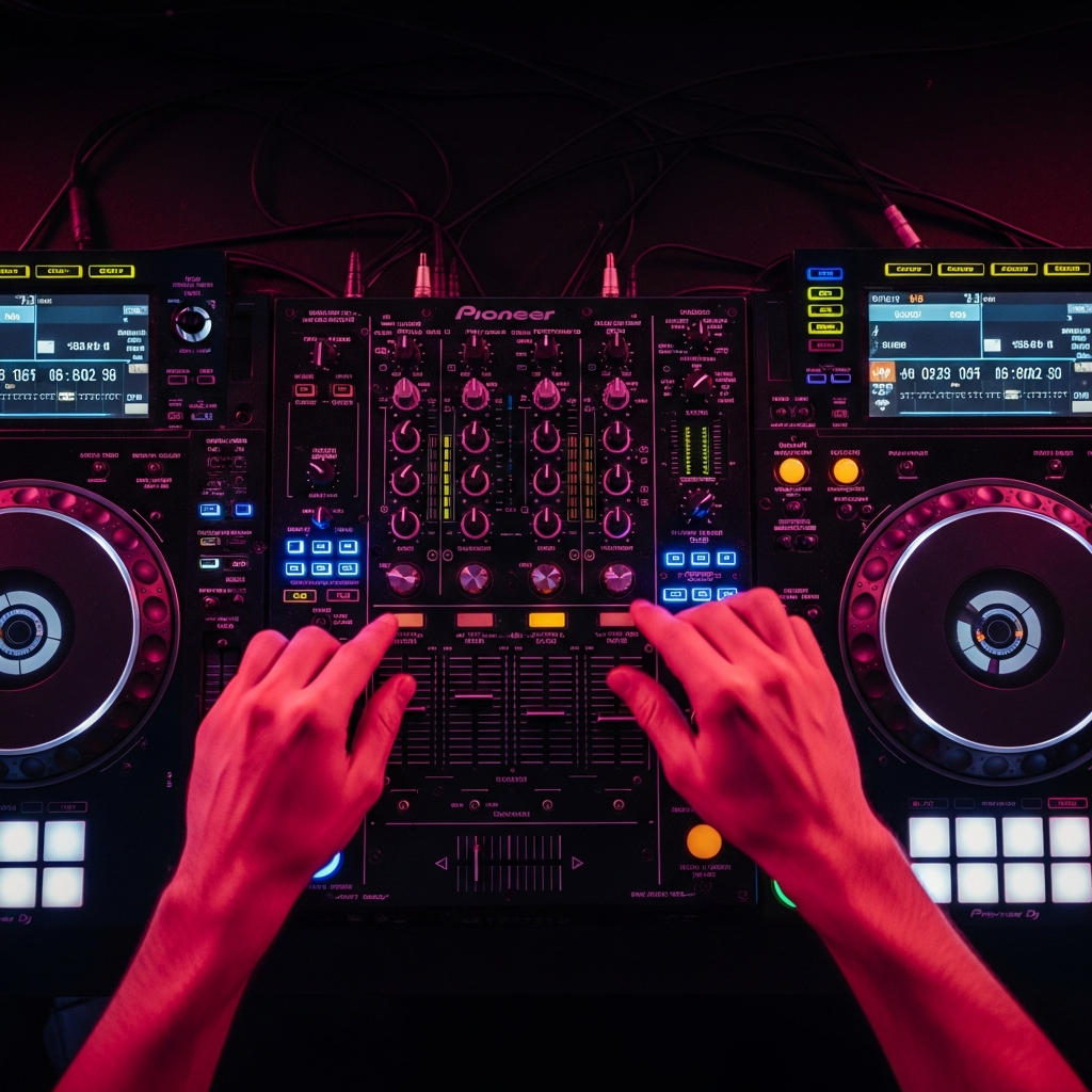 AI_IMAGE: Overhead shot of hands on a DJ mixer and CDJ deck, colorful LED buttons glowing in the dark, magenta and gold ambient light, professional club equipment, technical detail | photorealistic | square