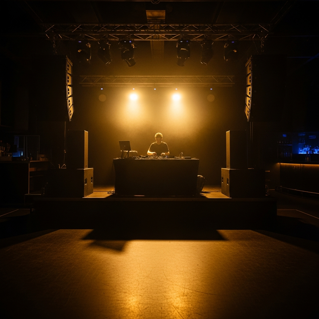 AI_IMAGE: DJ doing a soundcheck in an empty nightclub before doors open, warm golden stage lights on, speakers visible, calm before the storm atmosphere, dramatic and moody | photorealistic | square