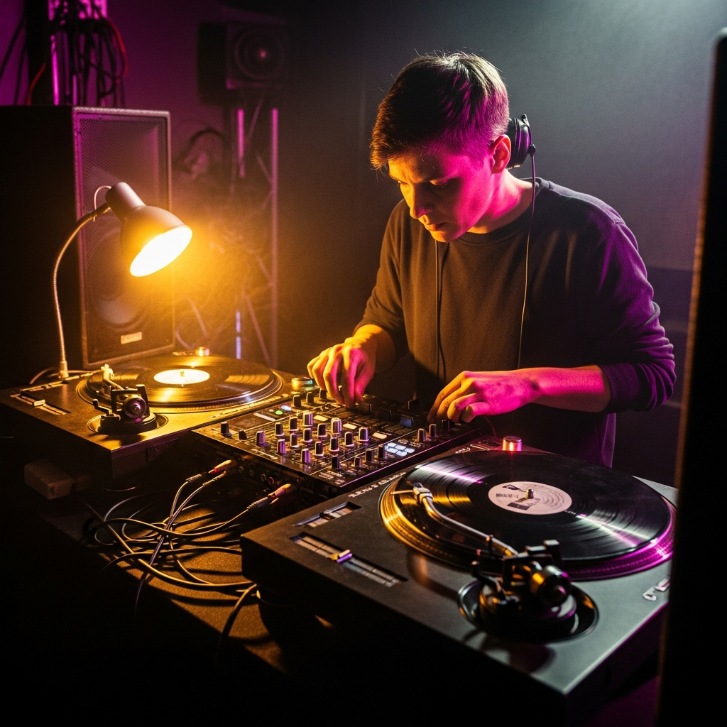 AI_IMAGE: A DJ spinning vinyl records on turntables in a dark booth, gold and magenta lights reflecting off equipment, focused expression, moody atmosphere | photorealistic | square