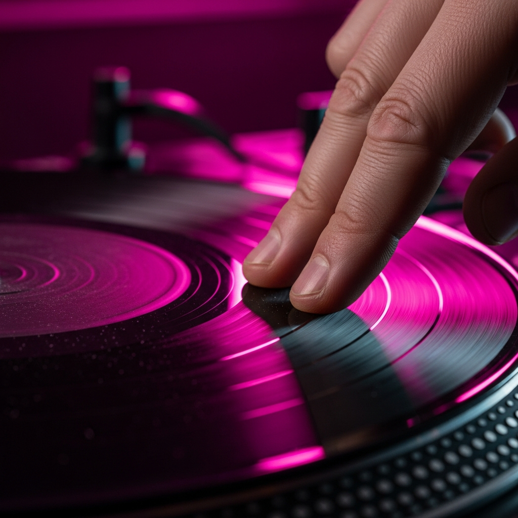 AI_IMAGE: Extreme close-up of a vinyl record spinning on a turntable, DJ fingers touching the edge, magenta neon light reflecting off the grooves, shallow depth of field, intimate | photorealistic | square