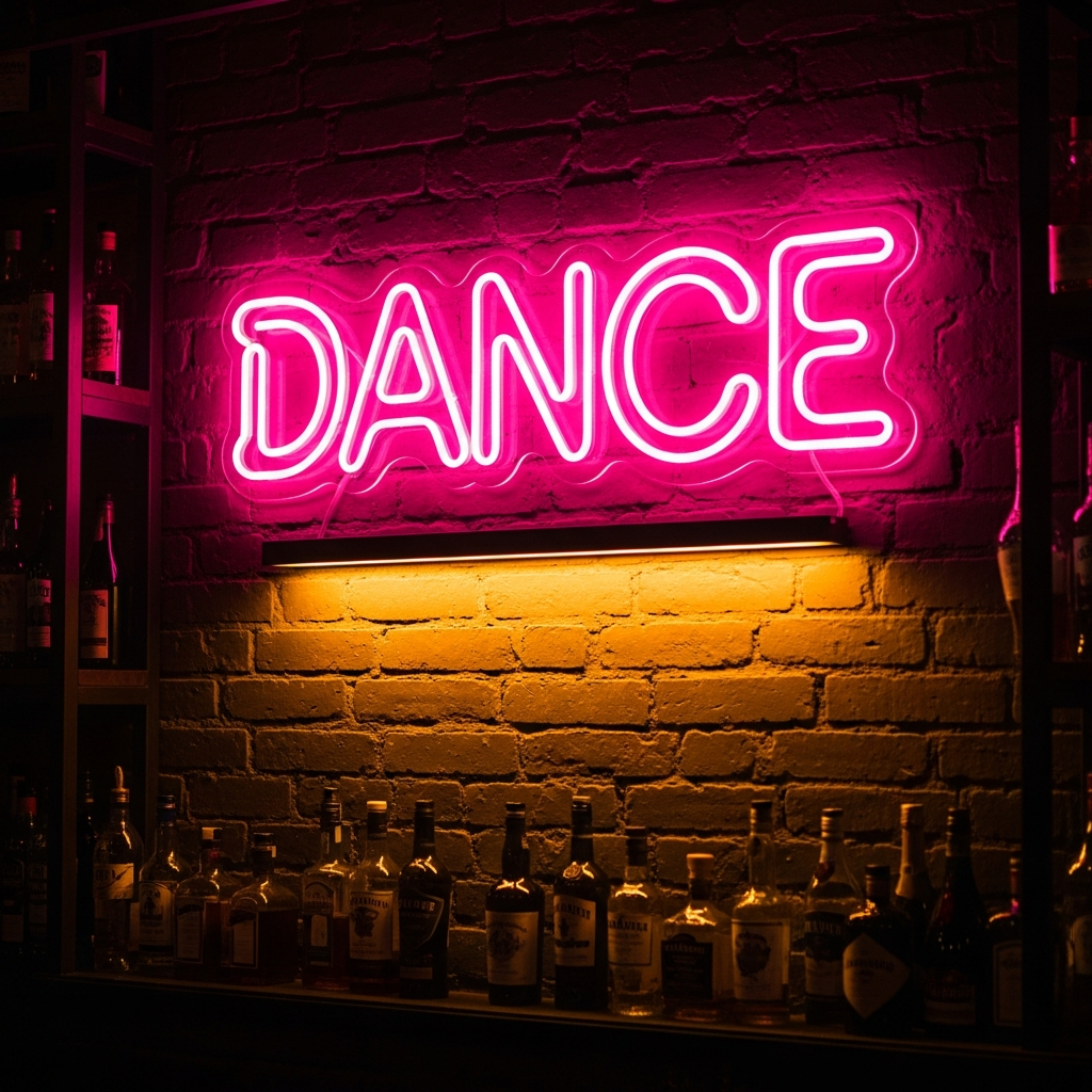 AI_IMAGE: Glowing neon sign reading DANCE in hot pink against a dark brick wall inside a bar, warm golden ambient light from below, bottles on shelves in soft focus background | photorealistic | square