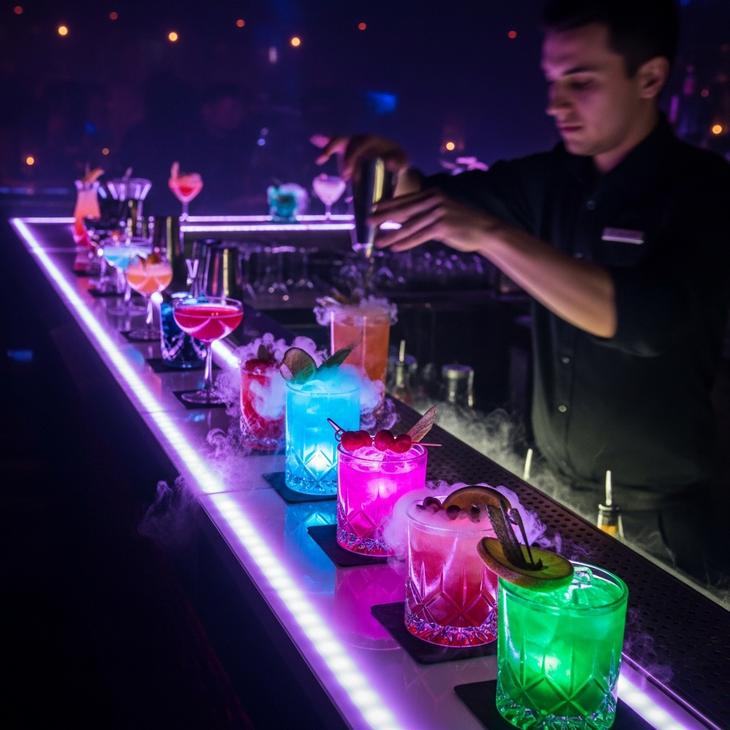 AI_IMAGE: A long bar counter lit by neon violet and cyan strip lights, cocktails glowing on the surface, bartender in motion blur, dark atmospheric nightclub setting | photorealistic | square