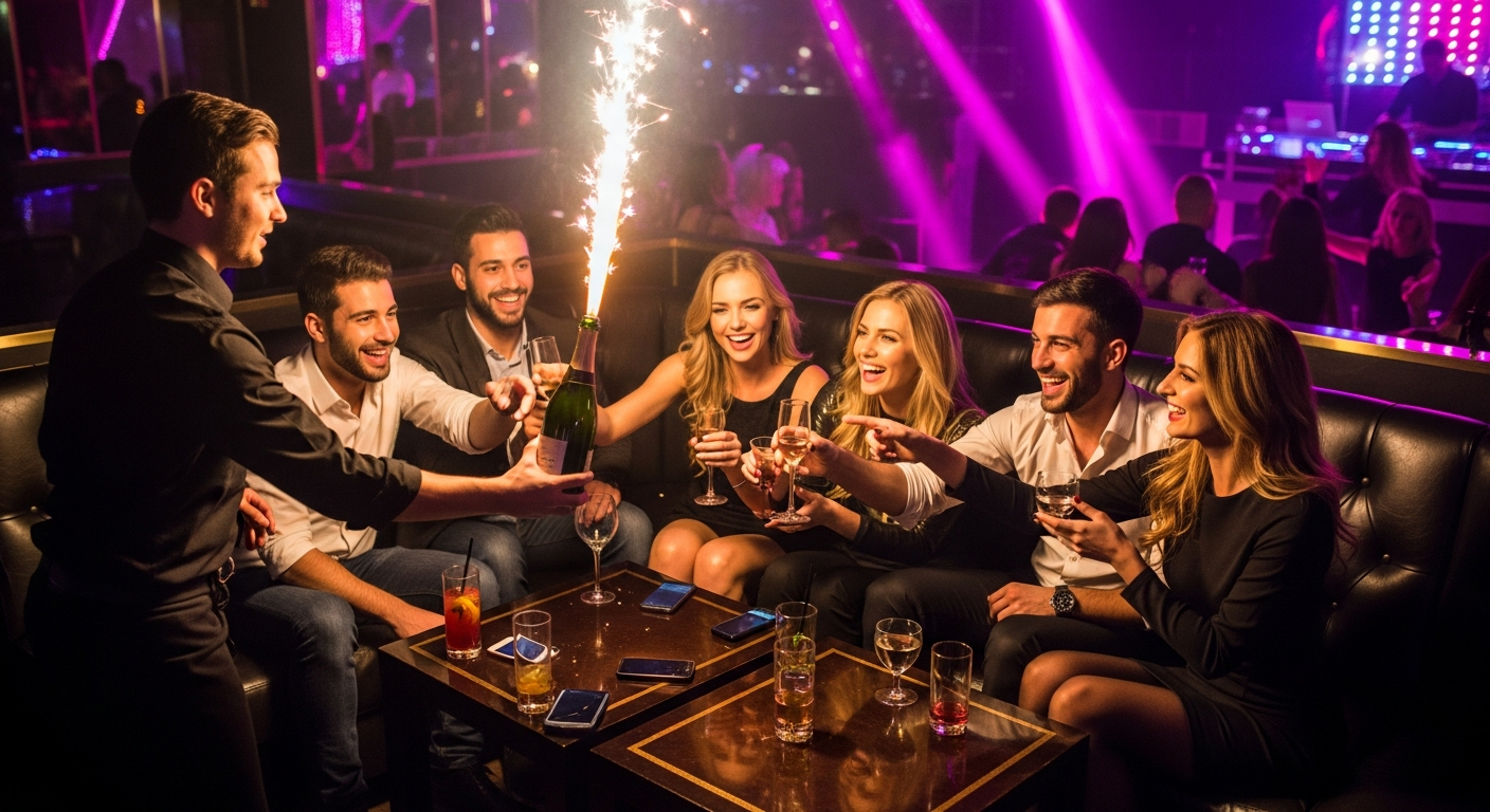 AI_IMAGE: Group of friends laughing in a VIP booth at a nightclub, sparkler bottle service arriving, warm golden and magenta ambient lighting, dark leather seating, celebratory atmosphere | photorealistic | landscape