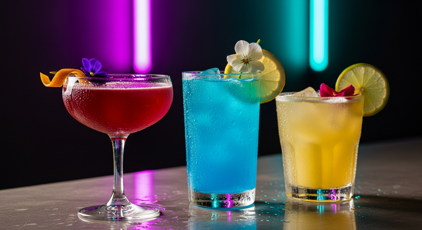 AI_IMAGE: Close-up of colorful cocktails on a dark bar counter with neon purple and cyan backlighting, garnished with citrus and edible flowers, condensation on glasses, moody low-key lighting | photorealistic | landscape
