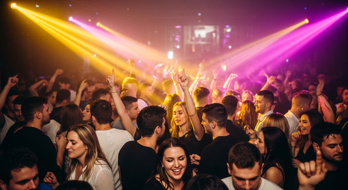 AI_IMAGE: Crowd on a packed indoor dancefloor shot at eye level, golden and magenta stage lighting, people smiling and dancing, sweat and energy, shallow depth of field, nightclub atmosphere | photorealistic | landscape