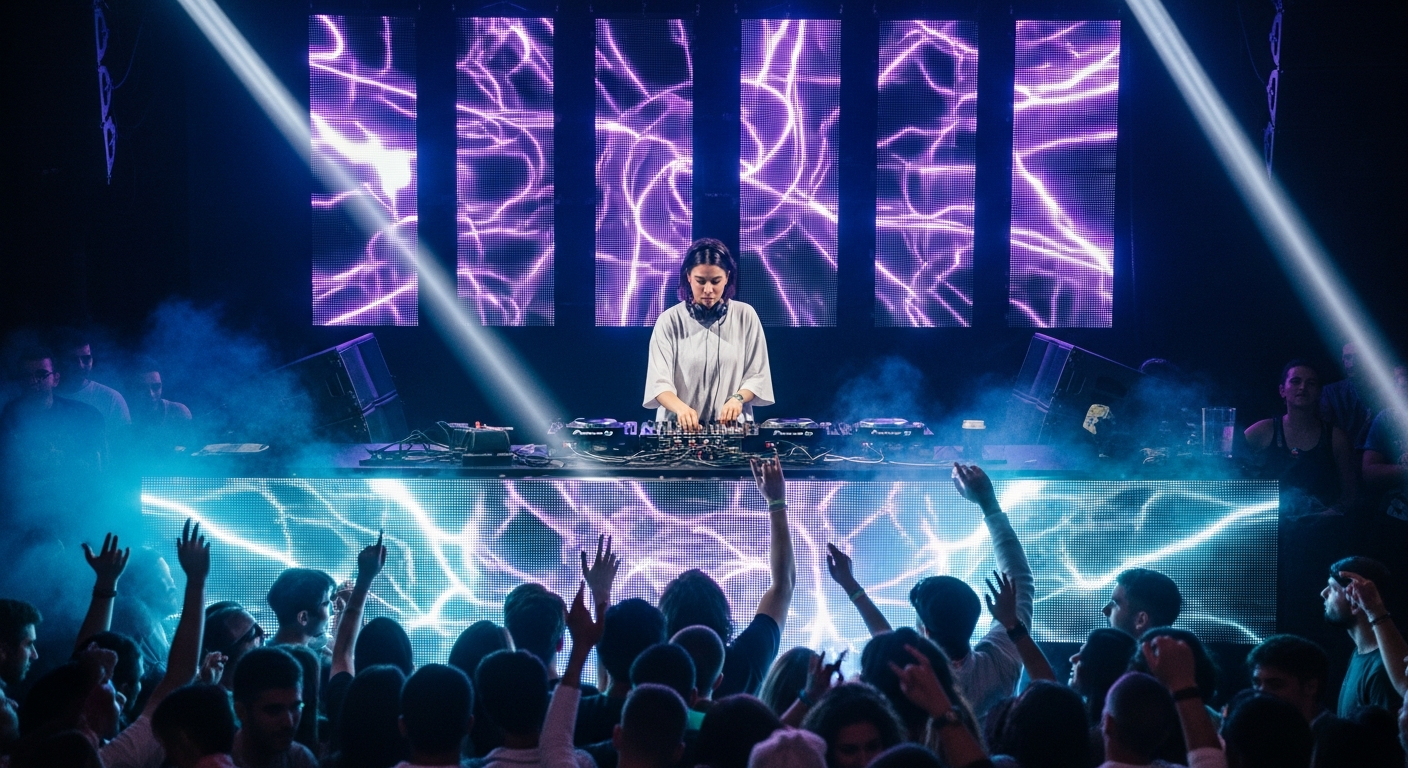 AI_IMAGE: Wide shot of a DJ performing on an elevated booth in a nightclub, LED panels behind showing abstract visuals in violet and cyan, crowd below with raised arms, atmospheric haze | photorealistic | landscape
