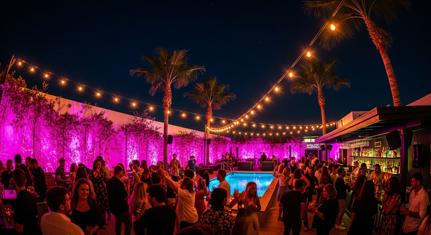 AI_IMAGE: Outdoor rooftop bar party at night with string lights and magenta uplighting, people dancing near a small pool, palm trees silhouetted against a dark sky, tropical nightlife vibe | photorealistic | landscape