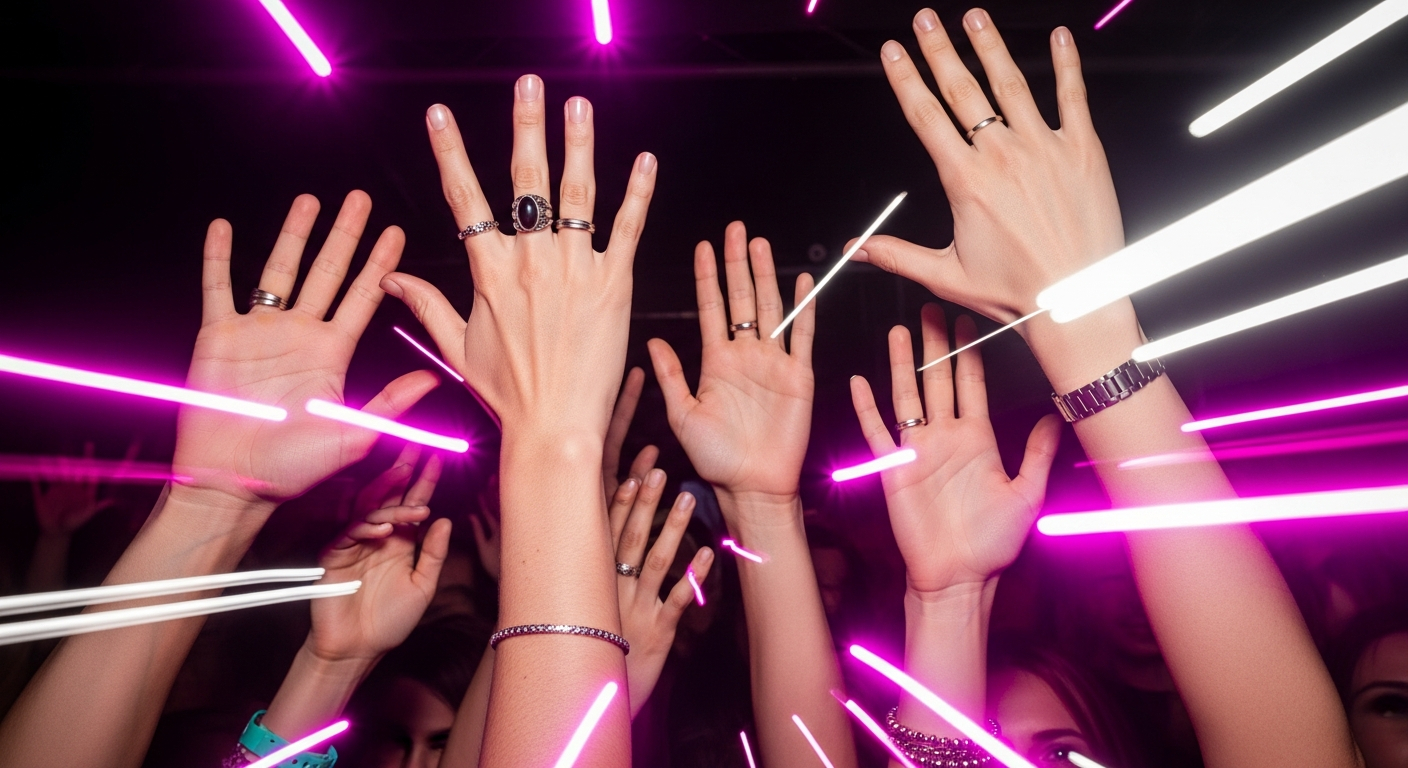 AI_IMAGE: Hands raised in the air on a dancefloor captured with strobe freeze effect, magenta and white light bursts, dark background, dynamic frozen-motion energy | photorealistic | landscape