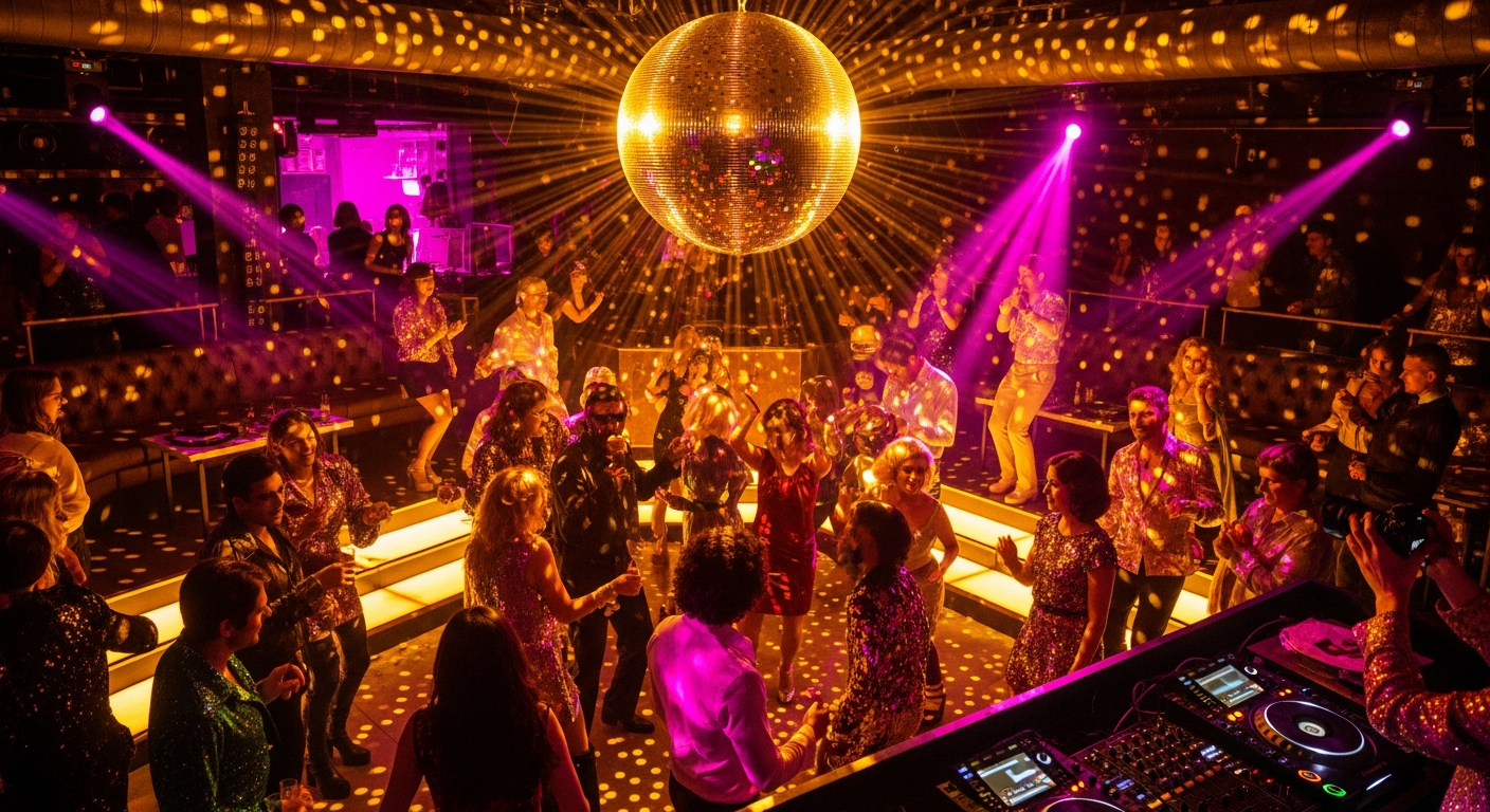AI_IMAGE: Retro 70s disco themed party at a nightclub, people in sequined outfits and platform shoes, mirror ball reflections, warm gold and magenta lighting, vintage glamour | photorealistic | landscape