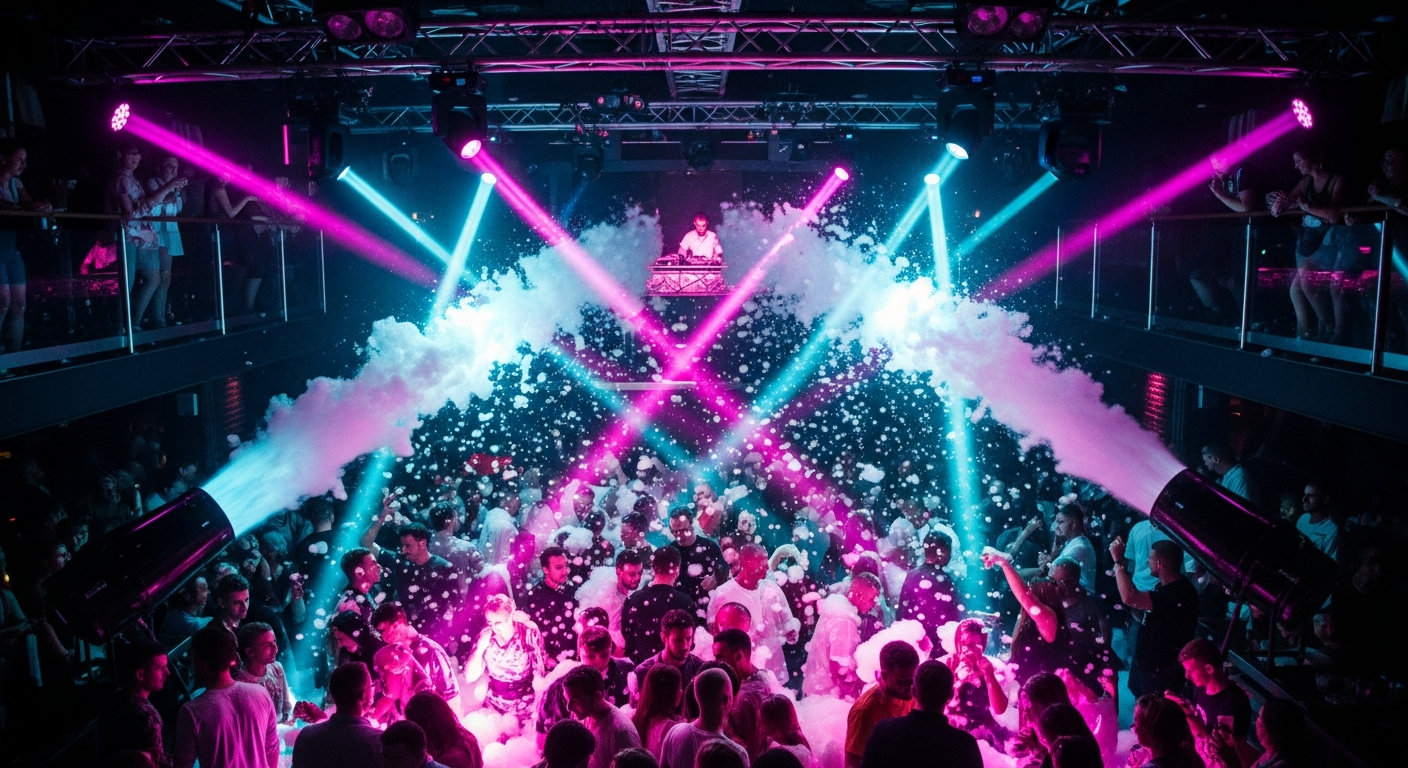 AI_IMAGE: Indoor foam party at a nightclub, foam cannons spraying over the crowd, magenta and cyan LED lights piercing through the white foam, people dancing and laughing, chaotic fun | photorealistic | landscape