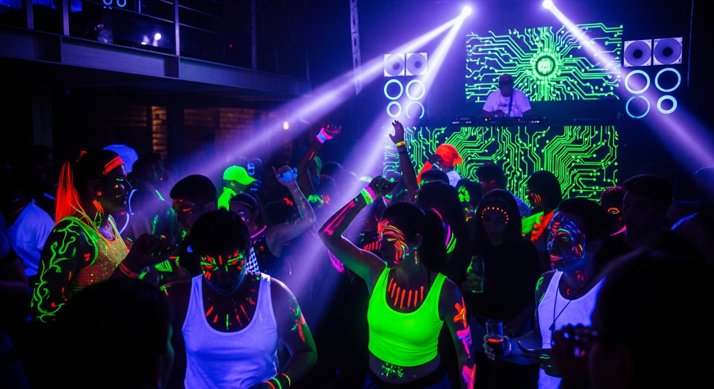 AI_IMAGE: Nightclub UV glow party, people covered in fluorescent body paint dancing under blacklights, neon green and magenta colors glowing, energetic and surreal atmosphere | photorealistic | landscape