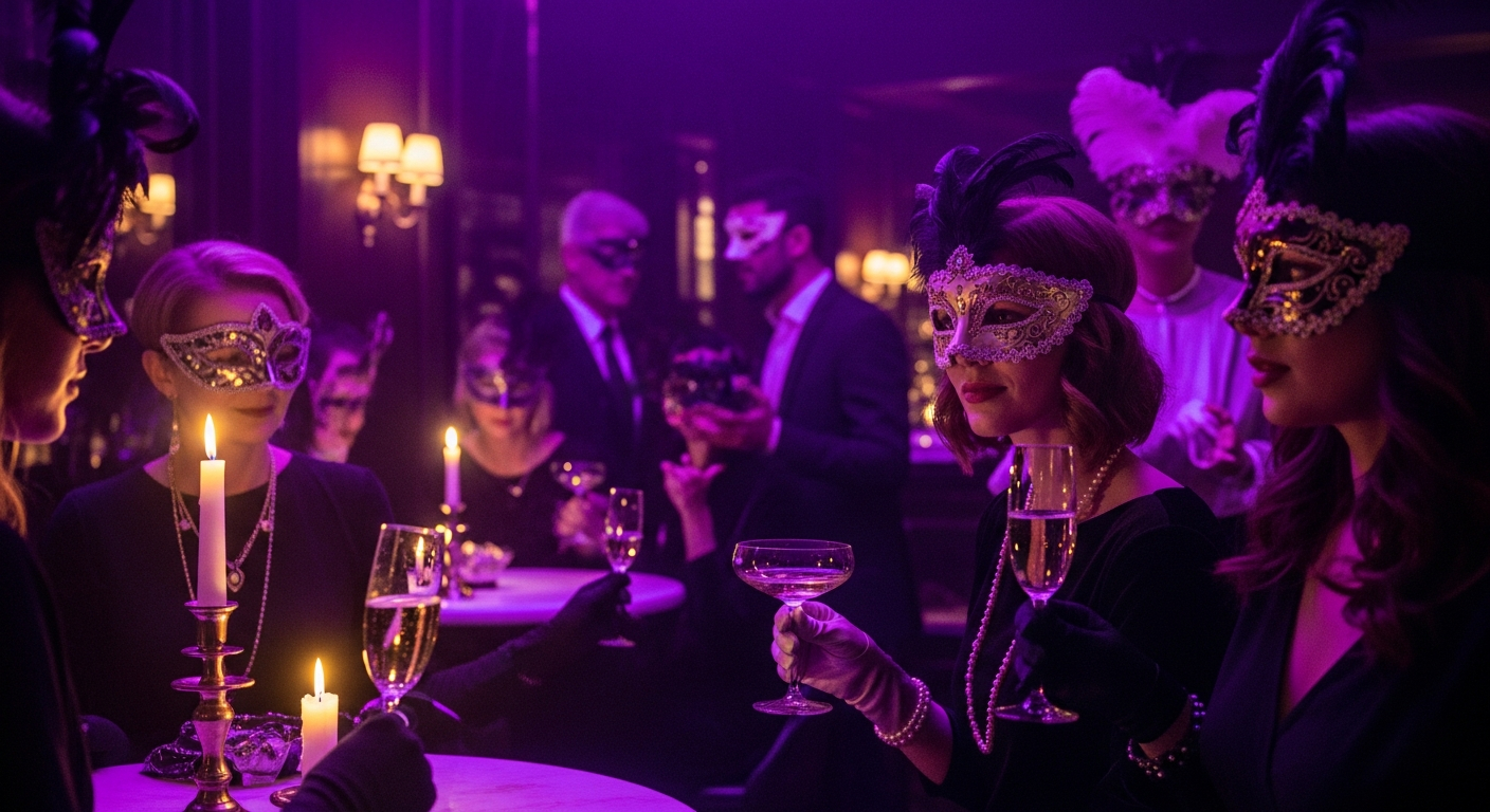 AI_IMAGE: Masquerade party at a dark upscale bar, guests wearing ornate masks, candlelight and deep violet ambient lighting, mysterious and elegant, champagne glasses glinting | photorealistic | landscape