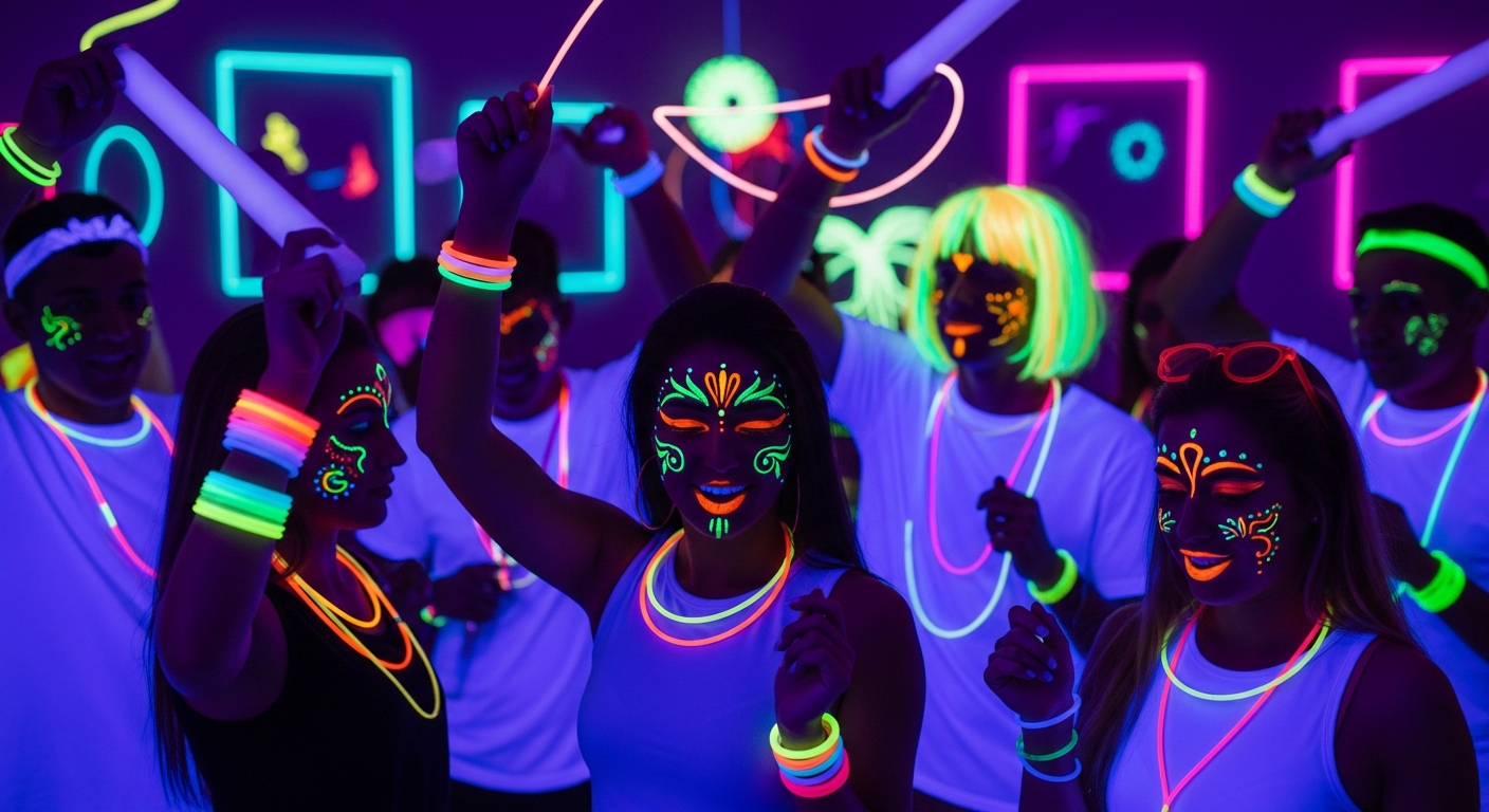 AI_IMAGE: Neon-themed party night with guests wearing glowing neon accessories and face paint, blacklight atmosphere, deep violet background with bright cyan and magenta accents, rave energy | photorealistic | landscape