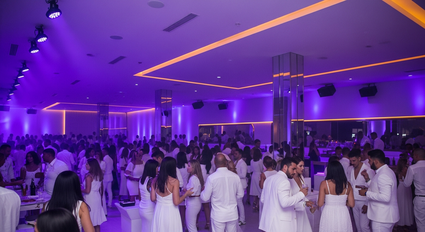 AI_IMAGE: All-white party at a modern nightclub, everyone dressed in white, dramatic violet and gold uplighting creating contrast, minimalist elegant decor, sophisticated nightlife | photorealistic | landscape