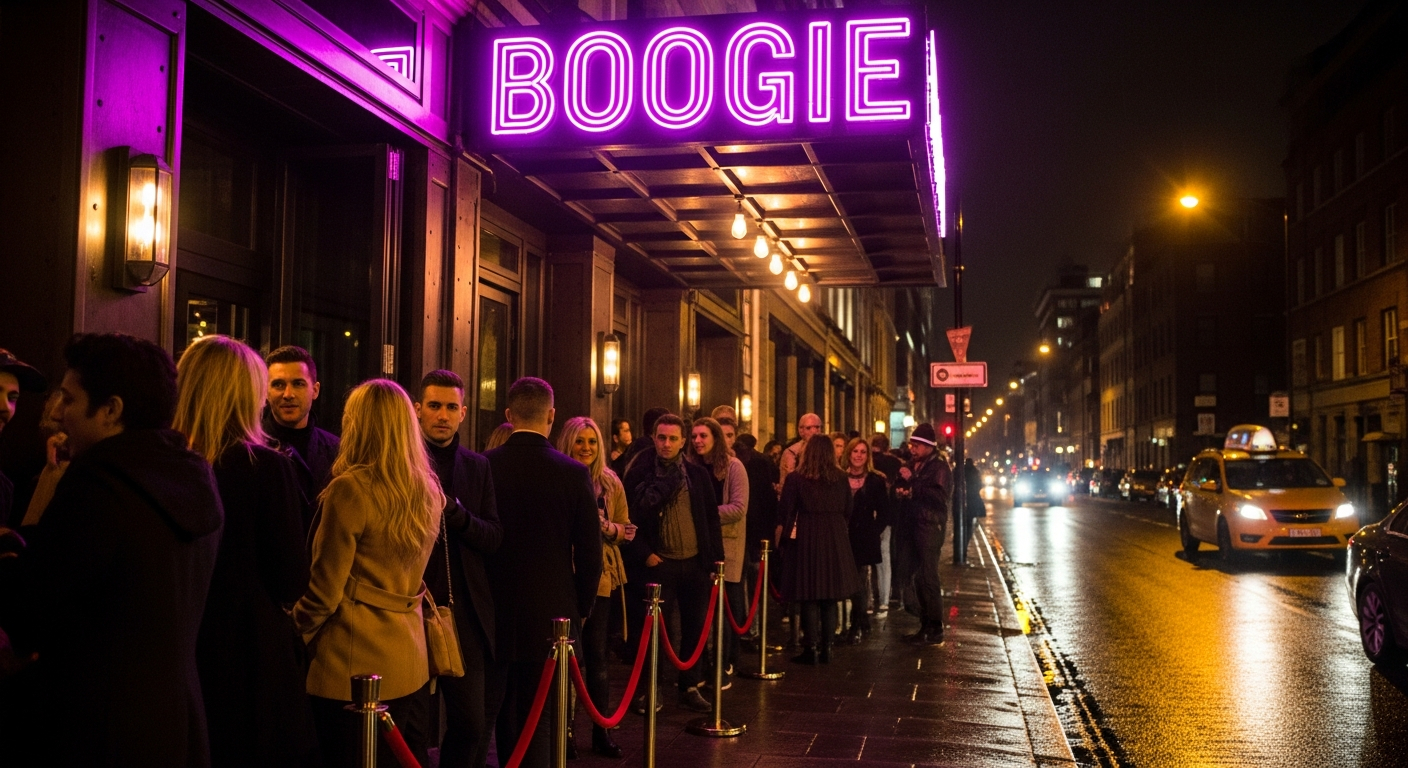 AI_IMAGE: Nighttime exterior of a trendy bar entrance with a velvet rope line, neon BOOGIE sign glowing above the door in magenta, people waiting in stylish outfits, urban nightlife, cinematic street lighting | photorealistic | landscape