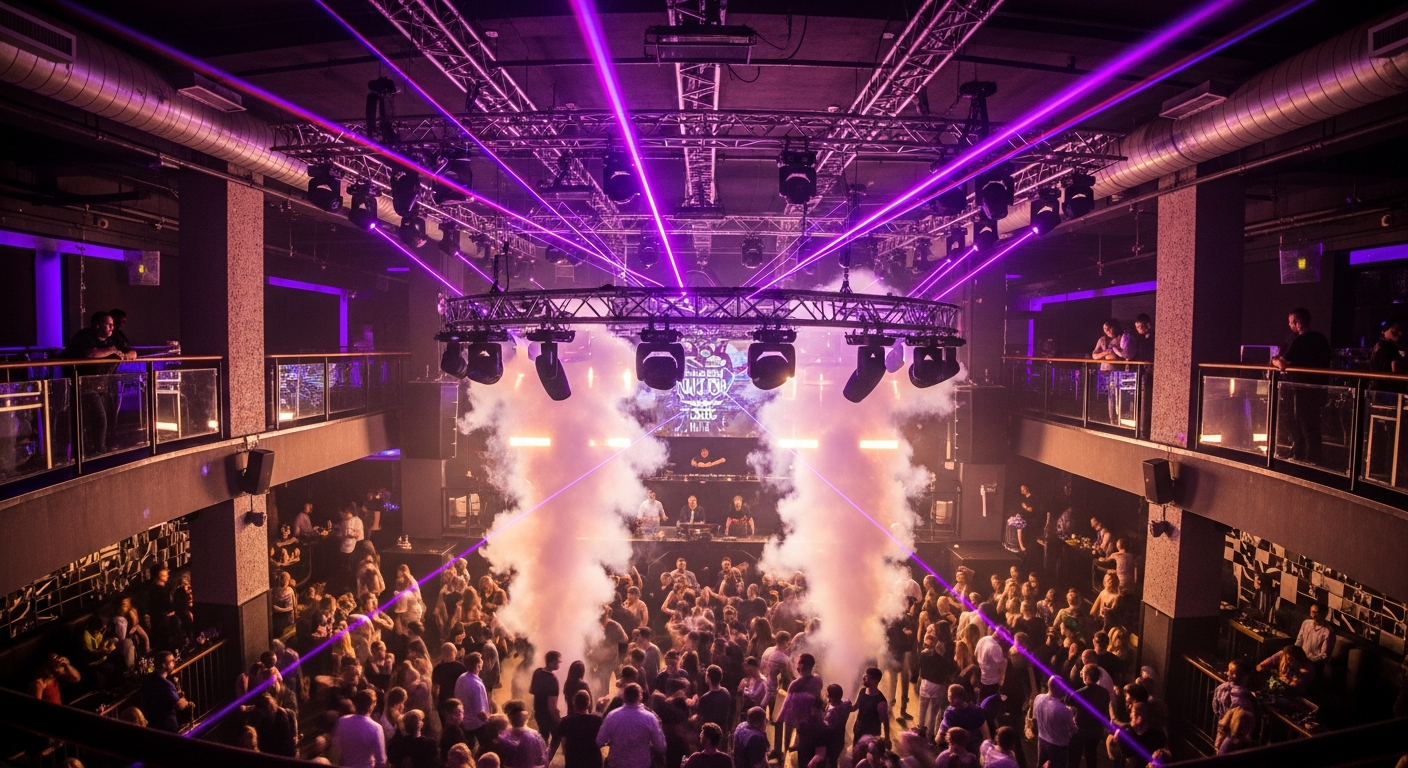 AI_IMAGE: Ultra-wide panoramic shot of a nightclub interior from the mezzanine, packed dancefloor below, dramatic lighting rig visible above with magenta violet and gold beams cutting through haze, epic scale | photorealistic | landscape