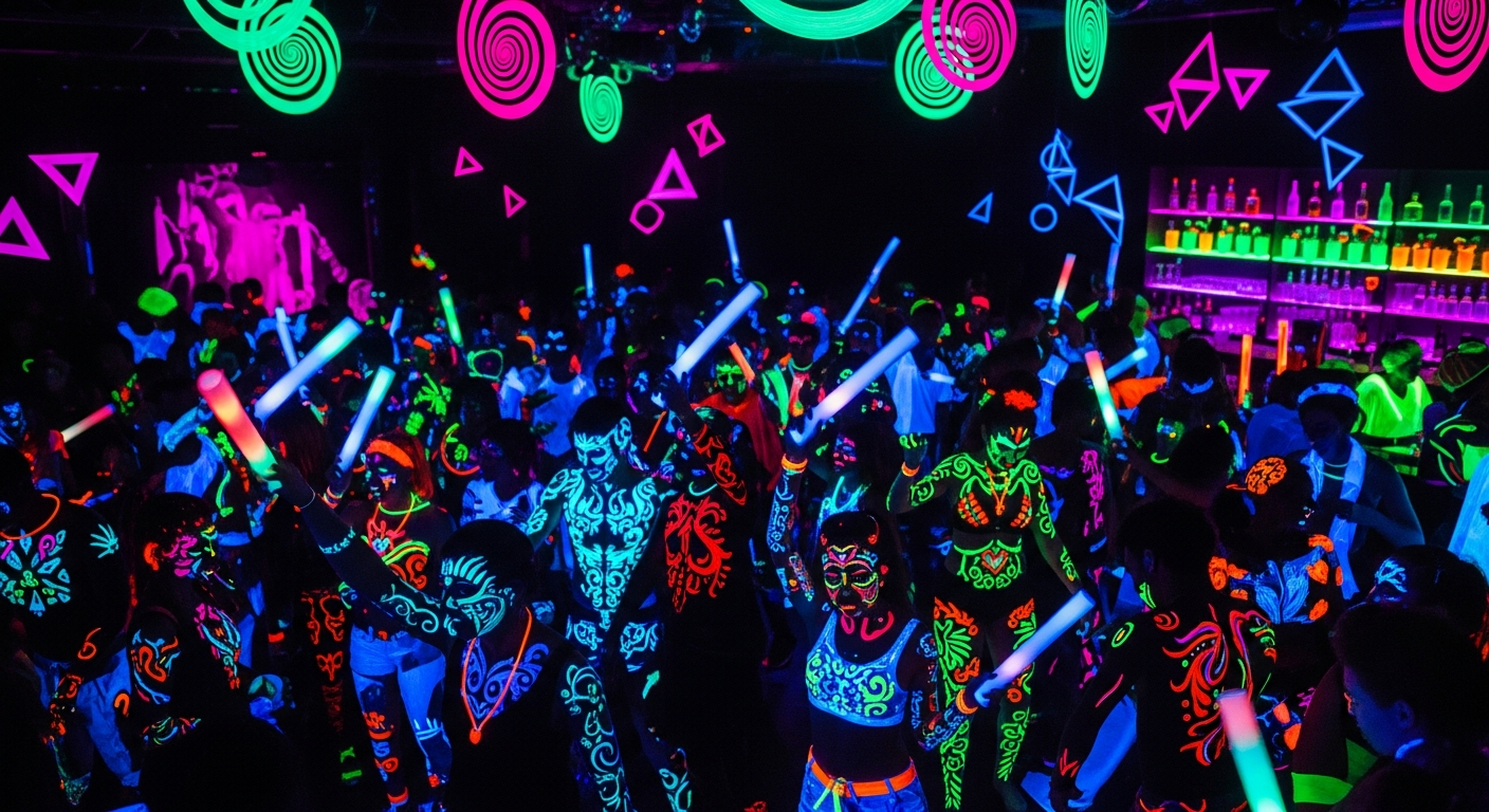 AI_IMAGE: UV blacklight dance party with glowing neon body paint on dancers, fluorescent cocktails on the bar, electric cyan and hot magenta UV lighting, energetic crowded dancefloor, glow sticks and luminous decorations, vibrant party atmosphere | photorealistic | landscape