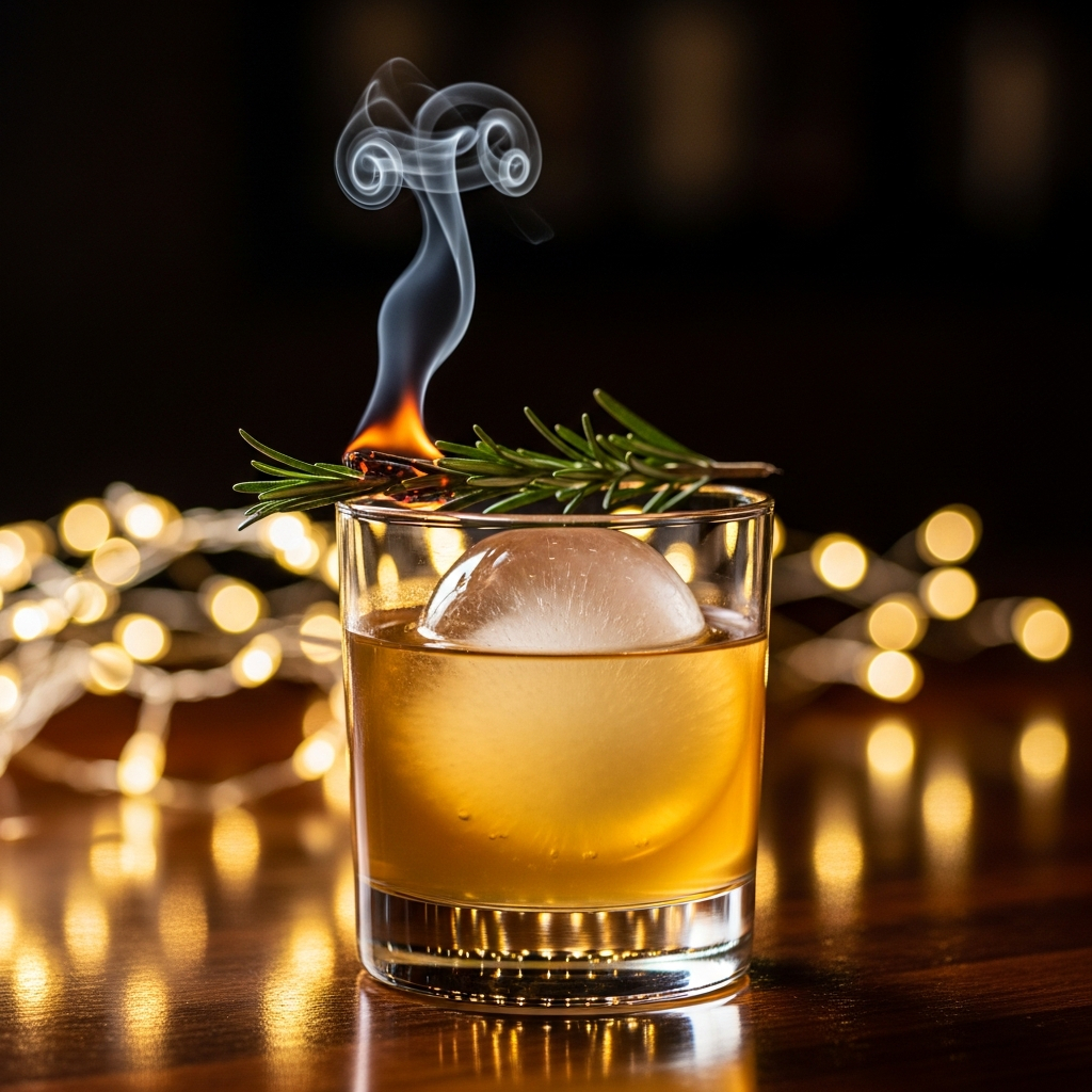 AI_IMAGE: A warm golden-amber cocktail in a rocks glass with a large clear ice sphere, a torched rosemary sprig laying across the rim with a thin wisp of smoke rising, soft warm lighting, dark wood bar surface, out-of-focus gold string lights in the background | photorealistic | square