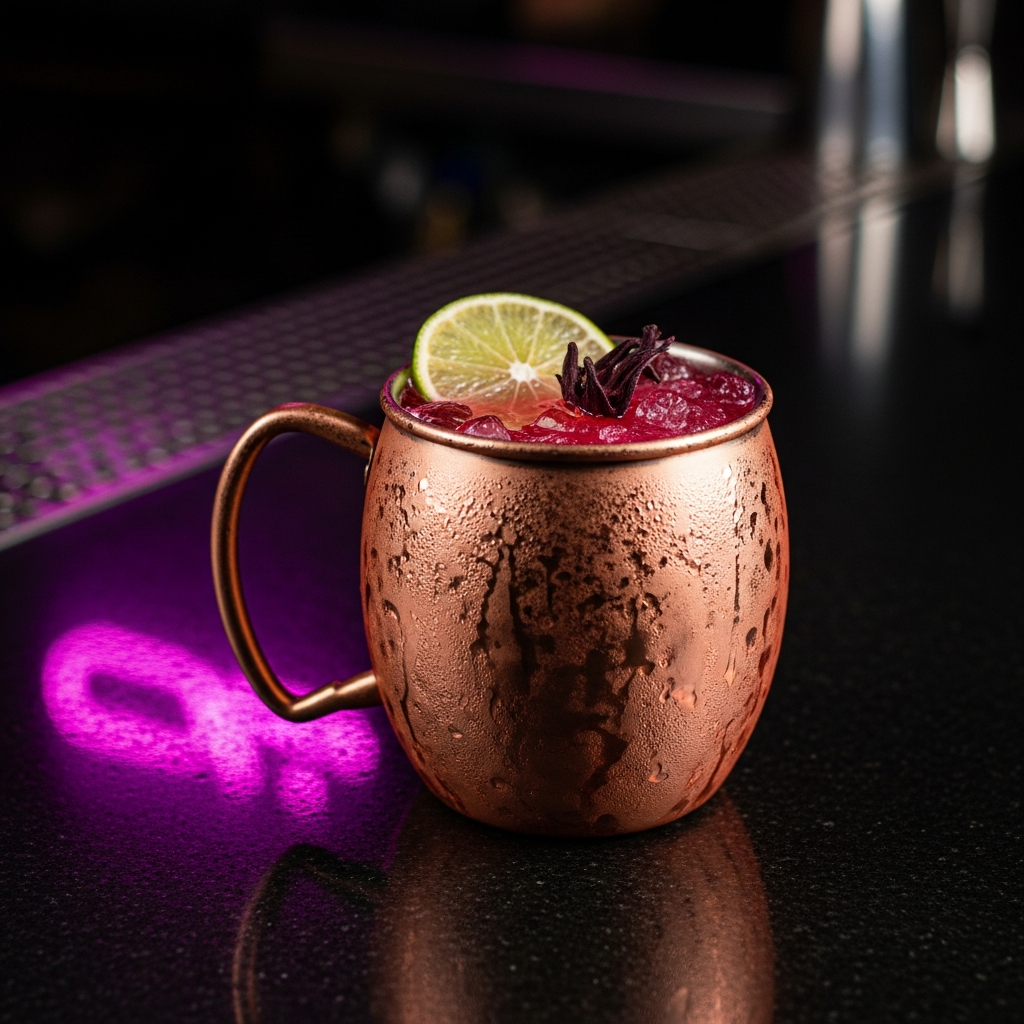 AI_IMAGE: A vibrant hot-pink cocktail in a copper Moscow mule mug with condensation on the outside, a lime wheel and dried hibiscus flower floating on top, dark bar counter with soft magenta and violet neon reflections, shallow depth of field | photorealistic | square