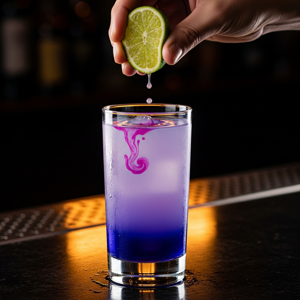 AI_IMAGE: Close-up of a tall glass cocktail shifting from deep violet at the bottom to lavender at the top, a lime wedge being squeezed over the rim with a few drops mid-fall causing a pink color reaction in the liquid, dark polished bar surface, warm amber backlight, moody nightclub atmosphere | photorealistic | square