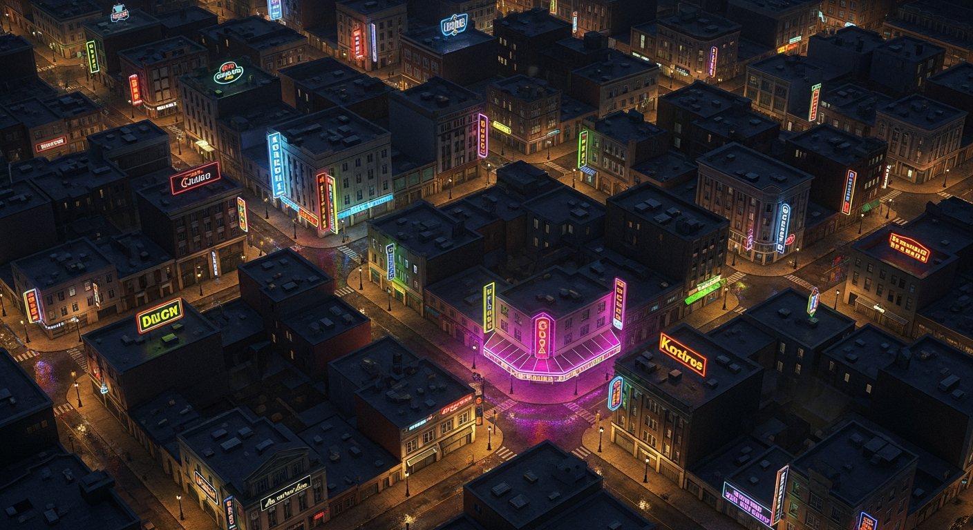 AI_IMAGE: An aerial satellite-style map view of a downtown arts district at night showing city blocks with glowing neon signs and street lights, dark tones with magenta and gold light accents marking a central venue location, moody urban nightlife atmosphere | digital-art | landscape